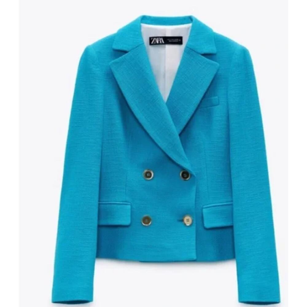 Zara Cropped Turquoise Double Breasted Blazer (Size XS)